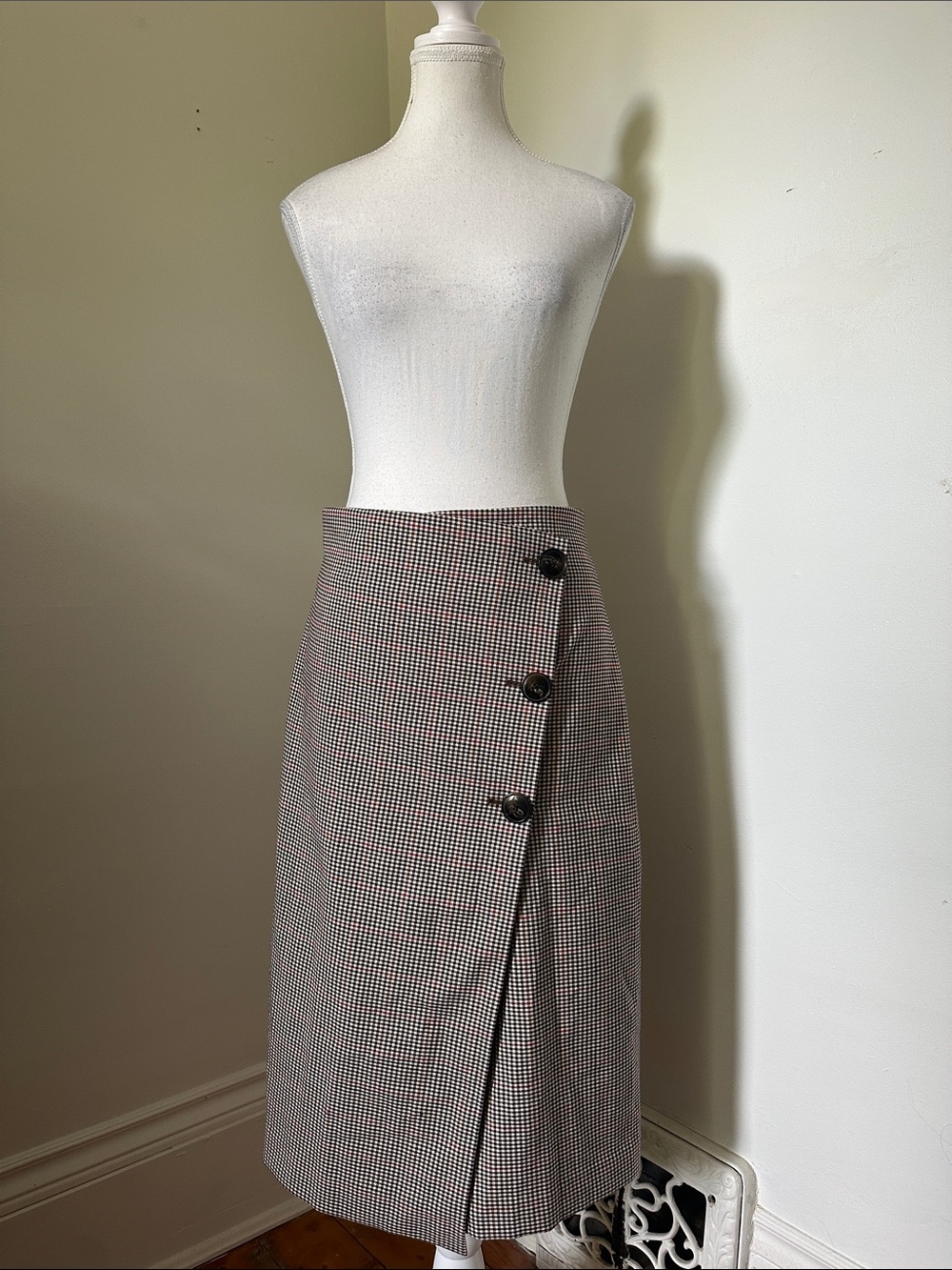 RW&CO Winter Plaid Holiday Office Old Money Button Wrap Midi Pencil Skirt Sz 4